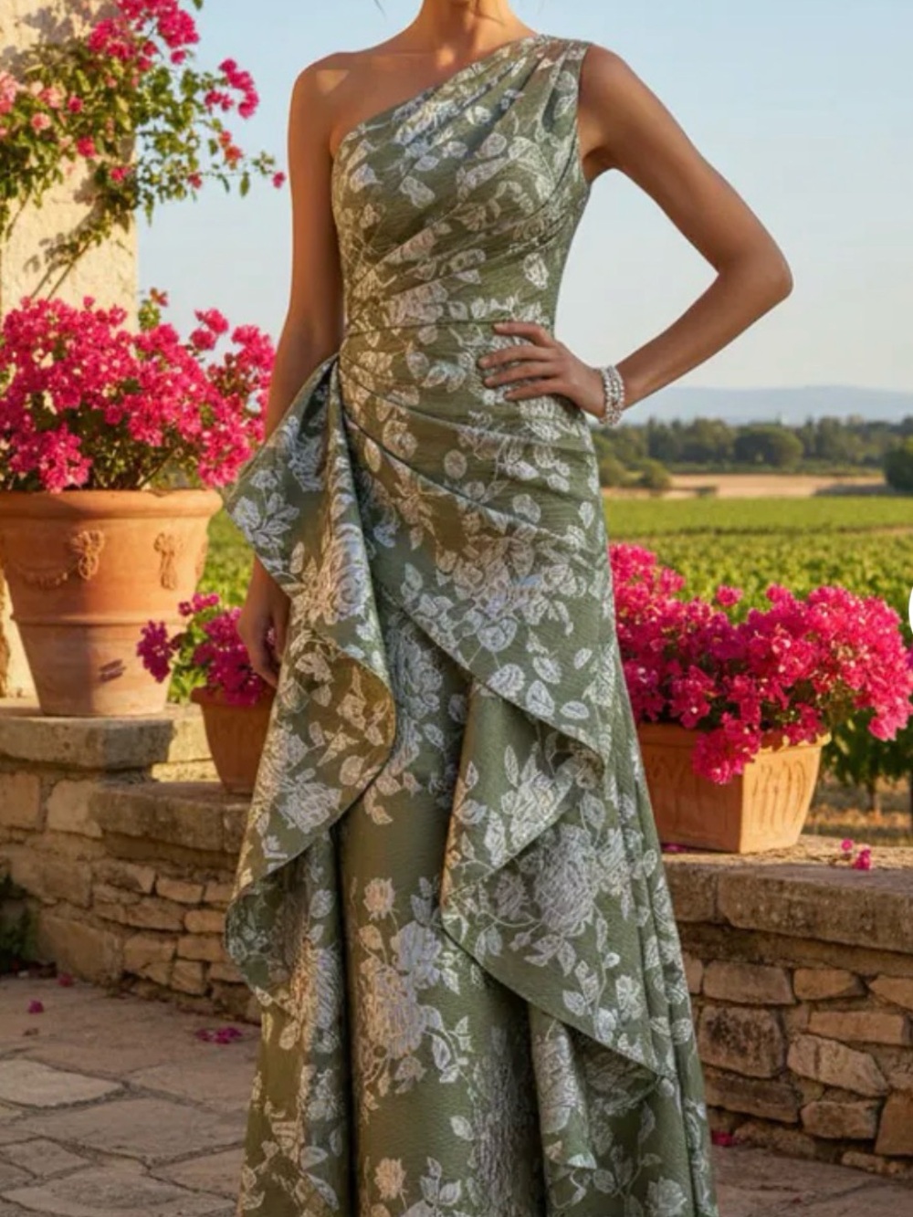 One-Shoulder Olive Green Floral Gown
